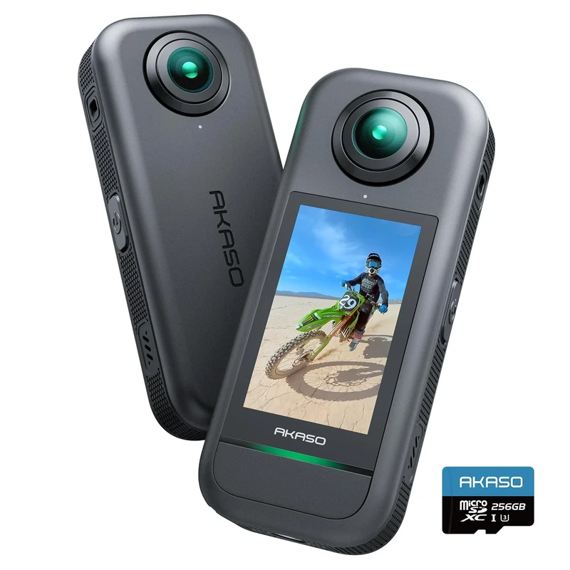 AKASO 360-360° Action Camera with 5.7K 360° Video, 72MP Photo, SuperSmooth Stabilization, Horizon Lock, AI Tracking, Invisible Selfie Stick Effect, Touchscreen, Splash-Resistant, 256GB Micro SD Card