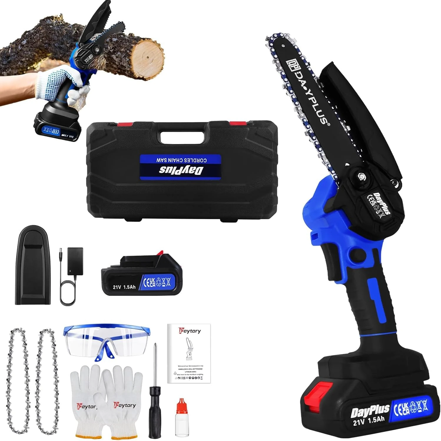 Mini Chainsaw Cordless 6-Inch Handheld Small Chain Saw with Battery, Blue 21V Battery Powered Portable Electric Mini Chainsaw with Safety Lock for Courtyard Garden Household Tree Branch Trimming