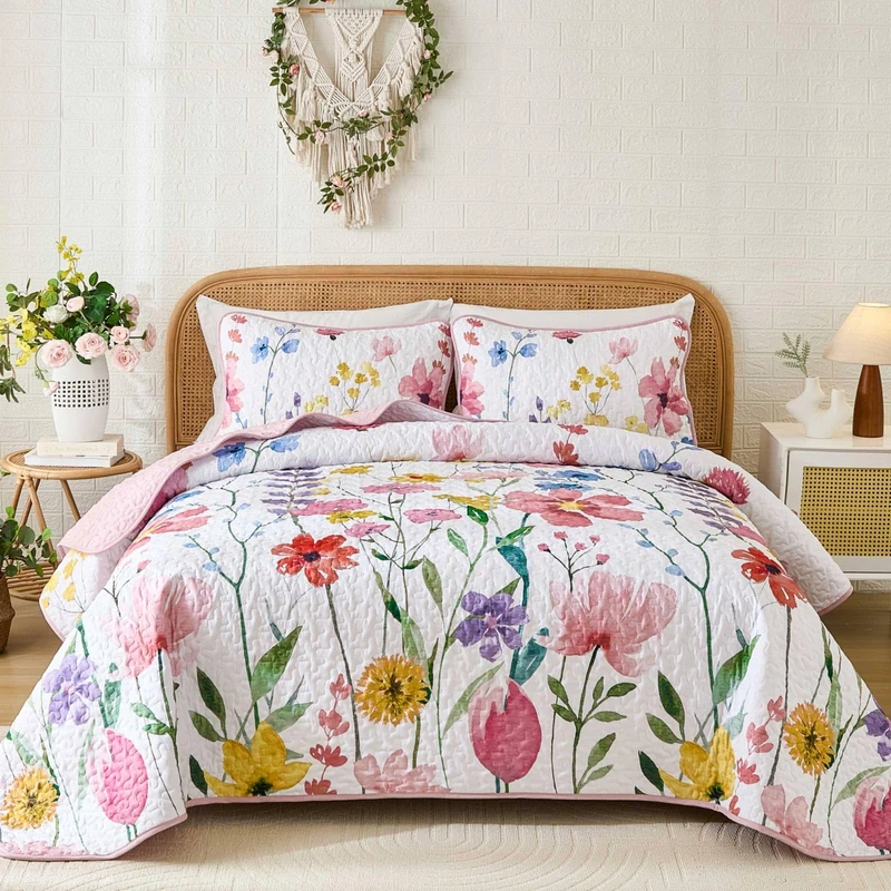 Anibedding Quilt Set Full Size, Reversible Pink Floral Bedspread Soft Microfiber Lightweight Quilt Bedding Sets Flower Coverlet for All Season(Full, 78"x90")