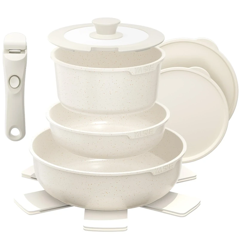 YASHE 9 Piece Pots and Pans Sets with Removable Handles, Non-Stick Cookware Set, White Granite Induction Cookwar,Stackable and Space-Saving Design