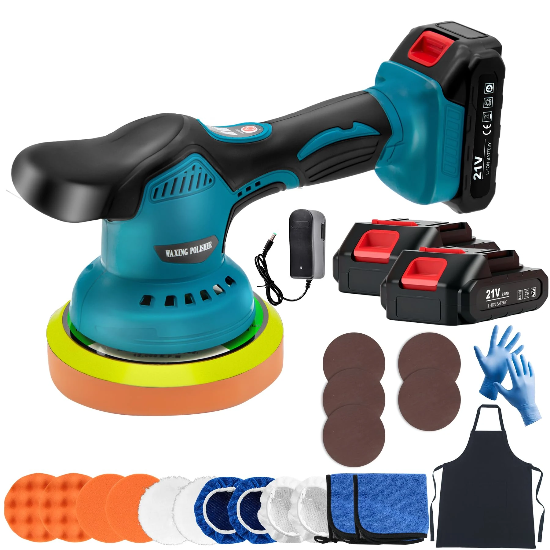 Cordless Buffer Polisher with 2x21V Rechargeable Batteries, 6IN Car Buffer Polisher with 8 Variable Speed 2800-5500RPM & 21PCS Attachments, Cordless Polisher for Car Detailing/Sanding/Scratch Removing