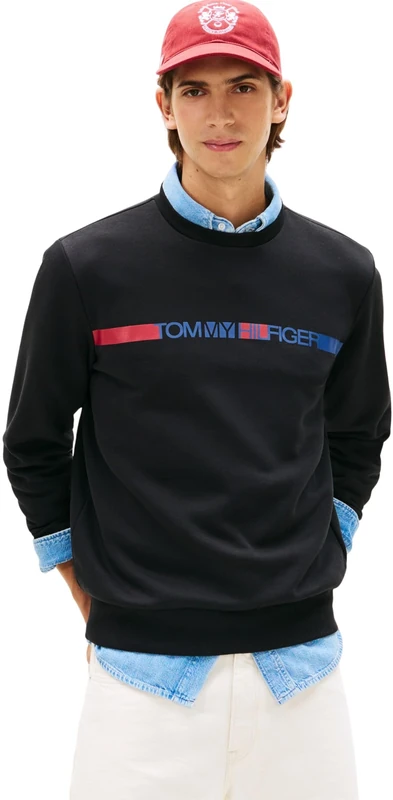 Tommy Hilfiger Men's Brand Love Tr Stripe Sweatshirt MW0MW42465 Pullover Sweatshirt, BLACK, XS