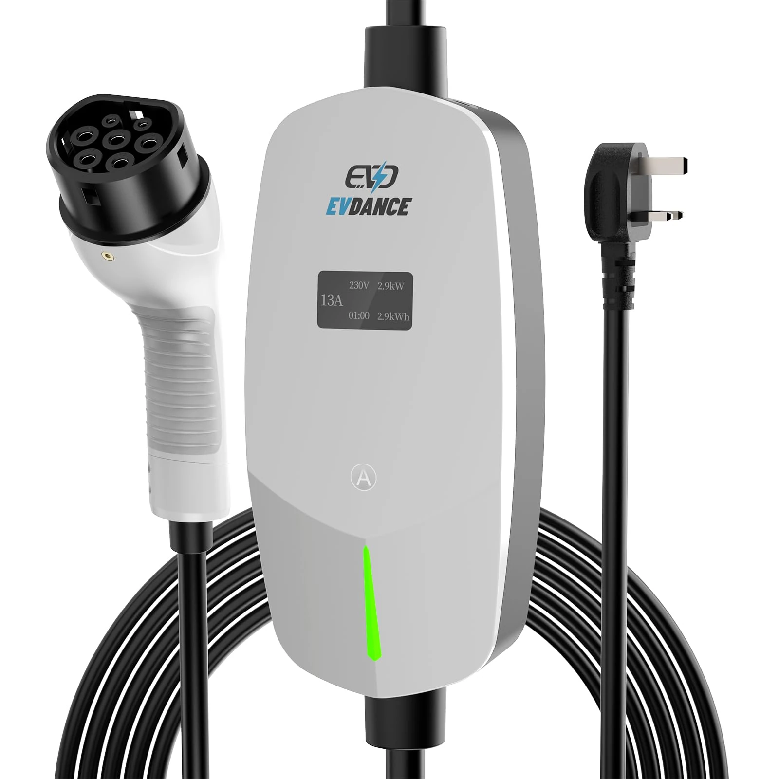 EVDANCE EV Charging Cable for Electric and Hybrid Vehicles, 6.1 Metres, Mode 2, 3 Pin UK Plug to Type 2 Car Charger