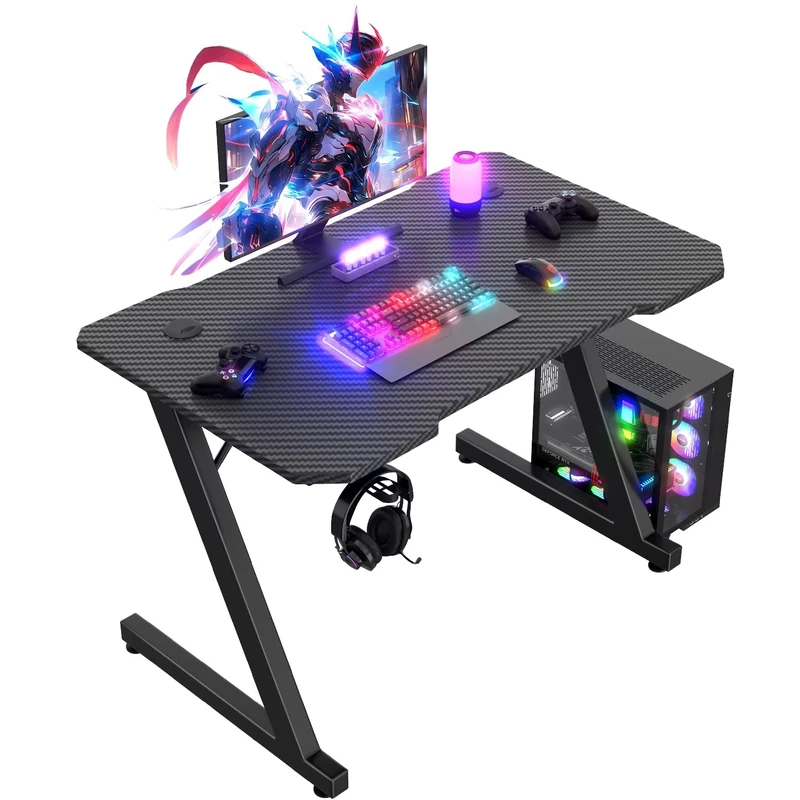 JUMMICO Gaming Desk 80 x 52 cm, Gaming Table Computer Desk Z Shaped PC Gamer Desk for Home Office, Gaming Desk with Headphone Hook, Black