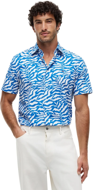 Tommy Hilfiger Men's Papertouch Palm Ss Rf Shirt MW0MW42410 S/S Shirt, Blue, XL