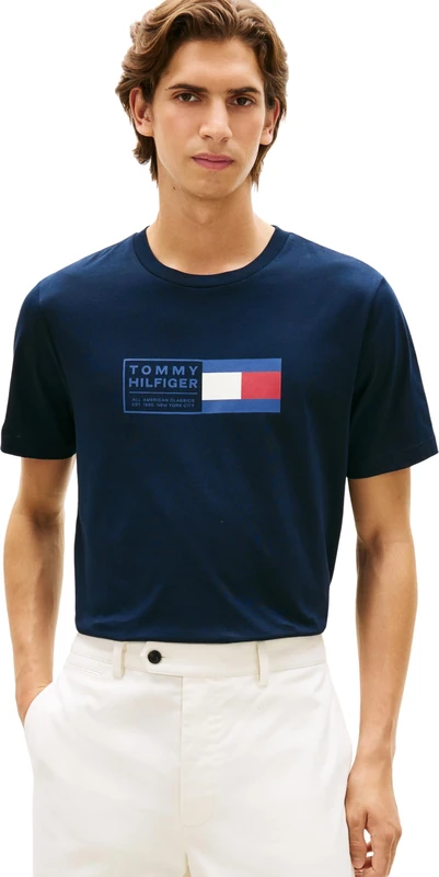Tommy Hilfiger Men's Brand Love Text Box Tee MW0MW42366 S/S T-Shirt, Blue, XS