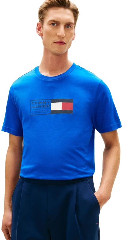 Tommy Hilfiger Men's Brand Love Text Box Tee MW0MW42366 S/S T-Shirt, Blue, L - Image 1