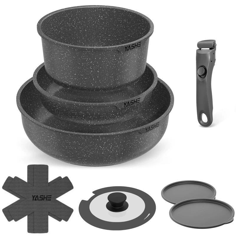YASHE 9 Piece Pots and Pans Sets with Removable Handles, Non-Stick Cookware Set, Granite Induction Cookwar, Stackable, Easy to Clean, PFOA-Free
