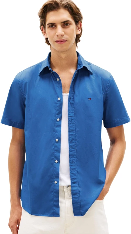 Tommy Hilfiger Men's Flex Poplin Solid S/S Shirt MW0MW42630 S/S Shirt, Blue, XL