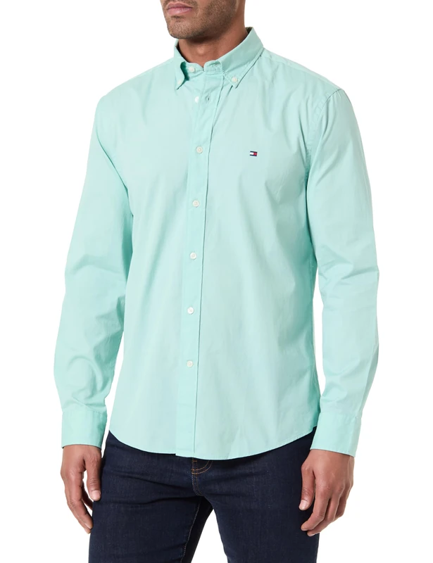Tommy Hilfiger Men's Flex Poplin Solid Rf Shirt MW0MW37550 L/S Shirt, Green, M