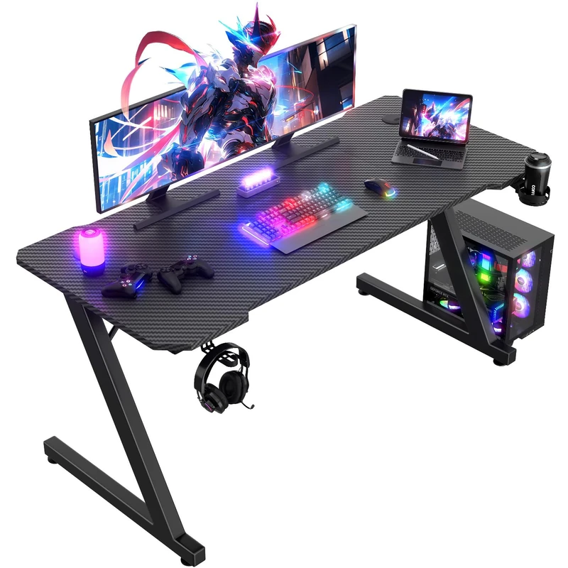 JUMMICO Gaming Table Gaming table with cup holder and headset holder, 2 professional cable management holes, carbon fiber table top, black metal frame 140x60 cm