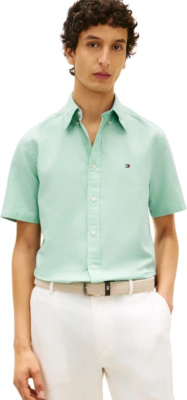 Tommy Hilfiger Men's Cl Linen Blend Solid Ss Rf Sht MW0MW42450 S/S Shirt, Green, XL