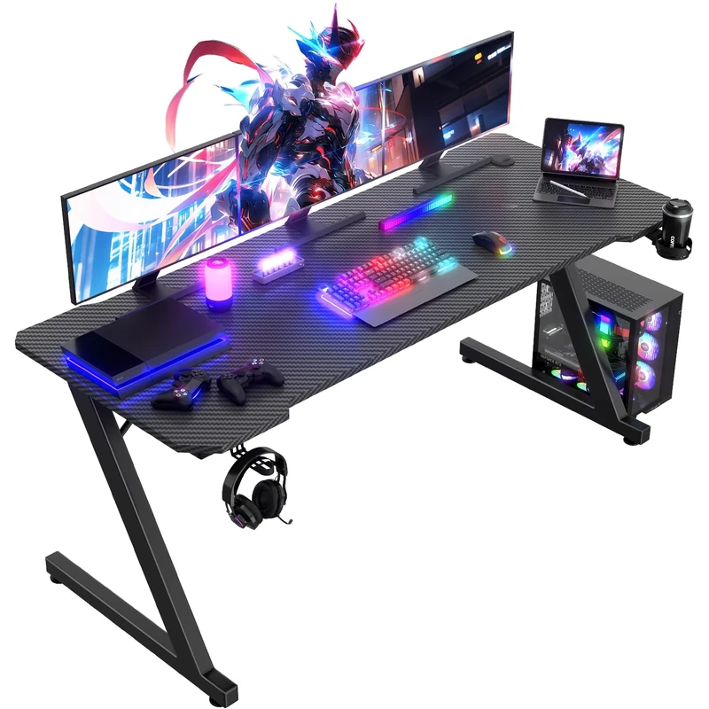 JUMMICO Gaming Table Gaming table with cup holder and headset holder, 2 professional cable management holes, carbon fiber table top, black metal frame 160x60 cm