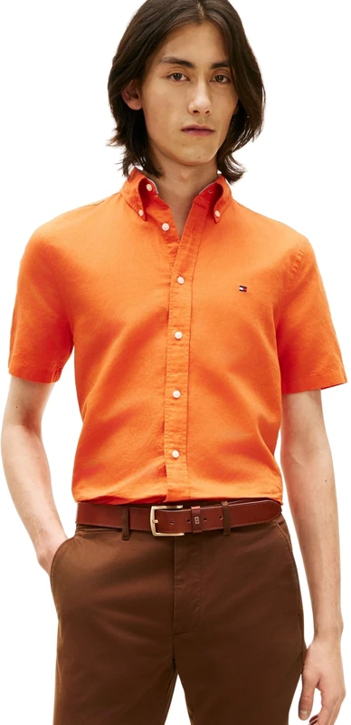 Tommy Hilfiger Men’s Shirt Linen Blend Solid Short Sleeve, Orange (Brilliant Orange), XS