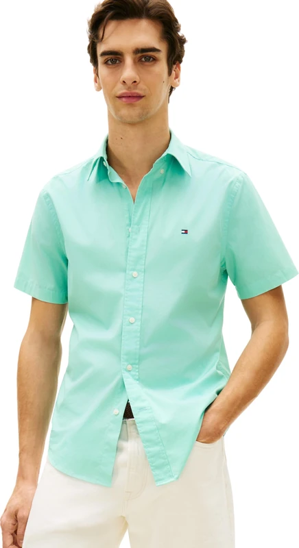 Tommy Hilfiger Men's Flex Poplin Solid S/S Shirt MW0MW42630 S/S Shirt, Blue, L