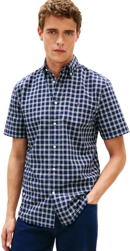 Tommy Hilfiger Men's Flex Poplin Check Ss Rf Shirt MW0MW42437 S/S Shirt, Blue, XL