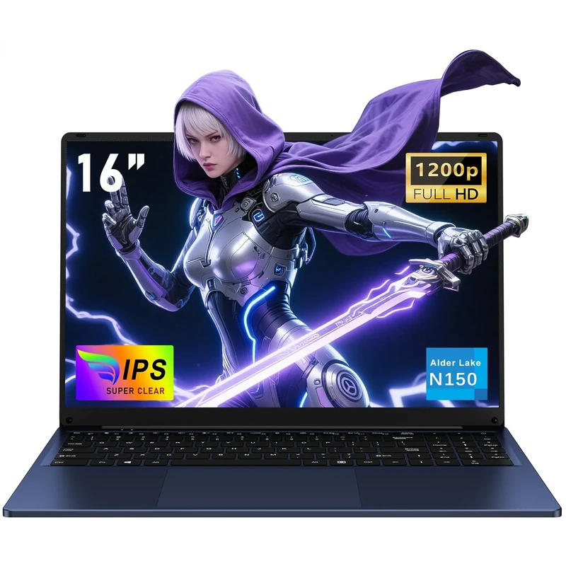 NAIKLULU 2025 16 Inch Laptop Computer, 13th Gen Twin Lake Processor N150 (1.2 to 3.6GHz), Upgraded N100, RAM 16GB SSD 512GB, 1920x1200P, Webcam, Backlit Full Keyboard, Touchpad, Student/Home/Business