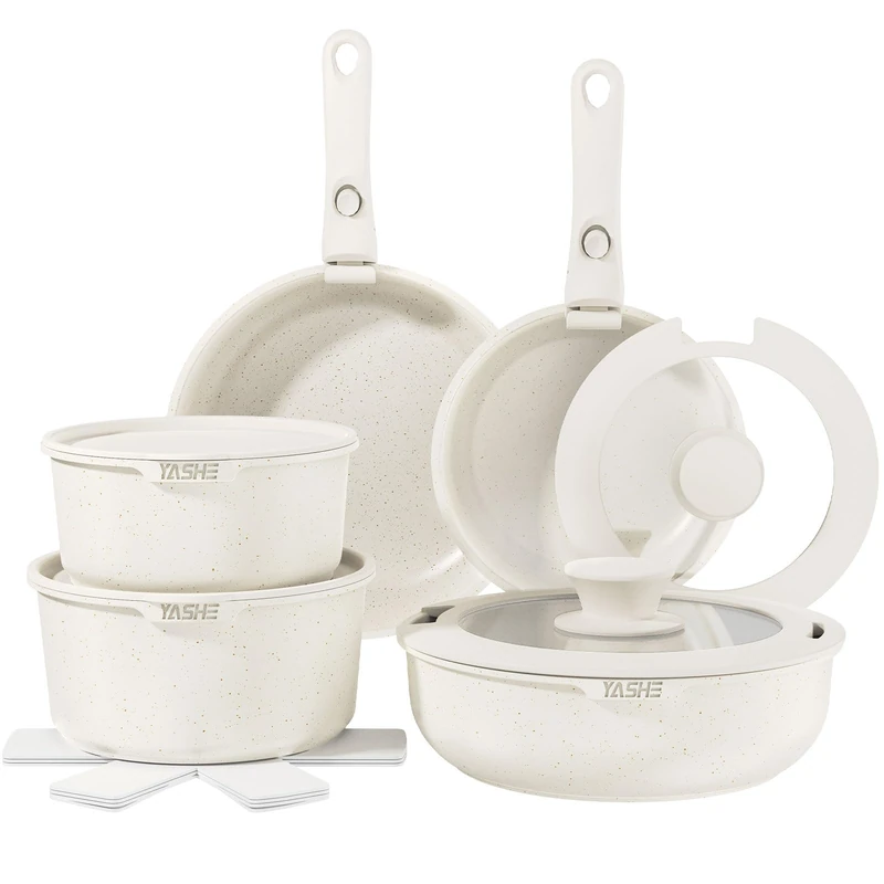 YASHE 15-Piece Non-Stick Pots and Pans Set, Granite Cookware with Removable Handles, Stackable, Easy to Clean, Induction & Gas Hob Compatible