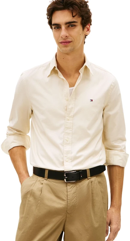 Tommy Hilfiger Men's Flex Poplin Solid Rf Shirt MW0MW37550 L/S Shirt, Beige, M
