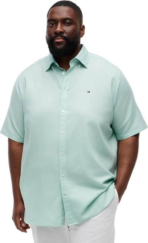 Tommy Hilfiger Men’s Shirt Linen Solid Short Sleeve, Green (Crushed Mint), 3XL
