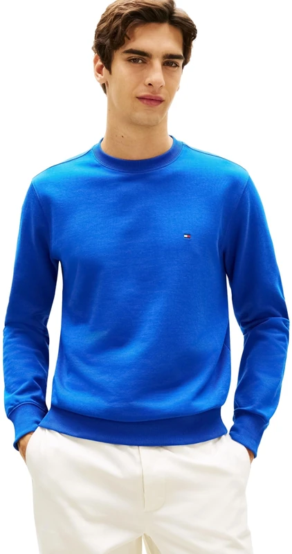 Tommy Hilfiger Men’s Sweatshirt Essential Terry Crew Neck with Round Neckline, Blue (Regal Blue), S