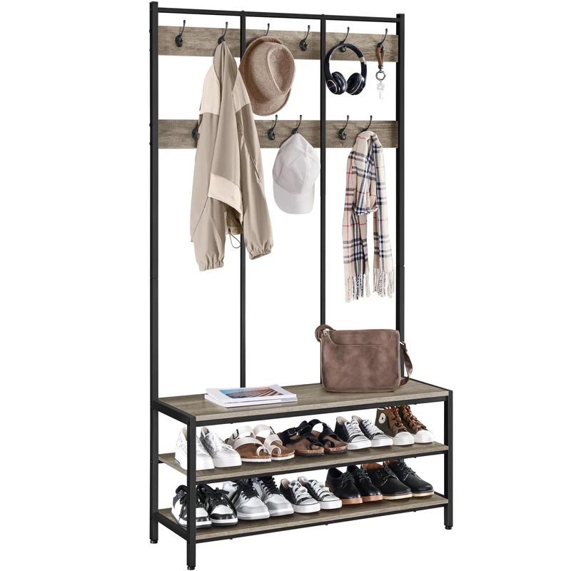 Yaheetech Large Coat Rack Stand, Hall Tree with 24 Hooks and Shoe Bench, Industrial Clothes Rack, Shoe Rack Bench with Metal Frame for Entryway Hallway Living Room, Grey