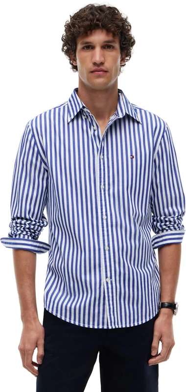 Tommy Hilfiger Men's Flex Poplin Classic STP Rf Shirt MW0MW42440 S/S Shirt, Blue, XL