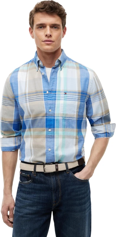 Tommy Hilfiger Men’s Shirt Madras Slub in Cotton, Blue (Blue Orbit/Check), L