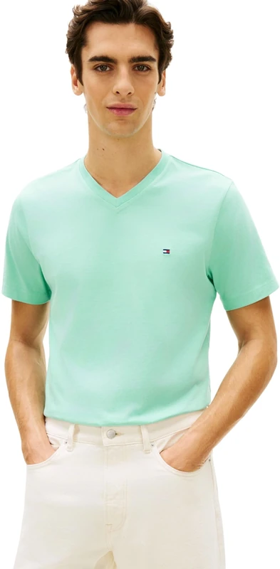 Tommy Hilfiger Men’s T-Shirt Short Sleeve Essential Tee with V-Neck, Turquoise (Arctic Aqua), L - Image 1