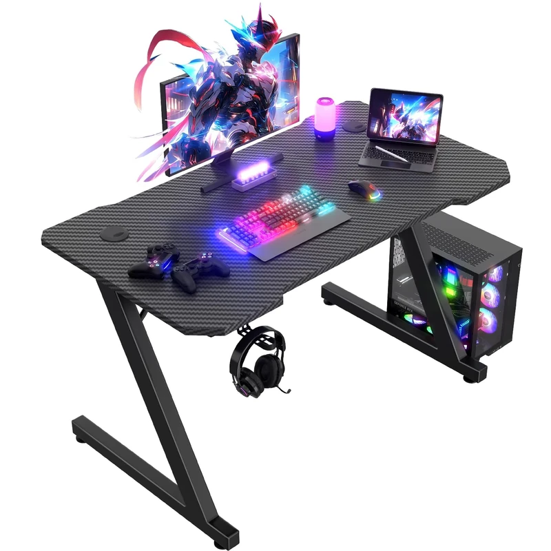 JUMMICO 100x60cm Gaming Desk, Carbon Fiber Surface, Headset Holder & 2 Cable Management Holes, Black Metal Frame Computer Table