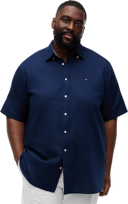 Tommy Hilfiger Men’s Shirt Linen Solid Short Sleeve, Blue (Carbon Navy), 3XL