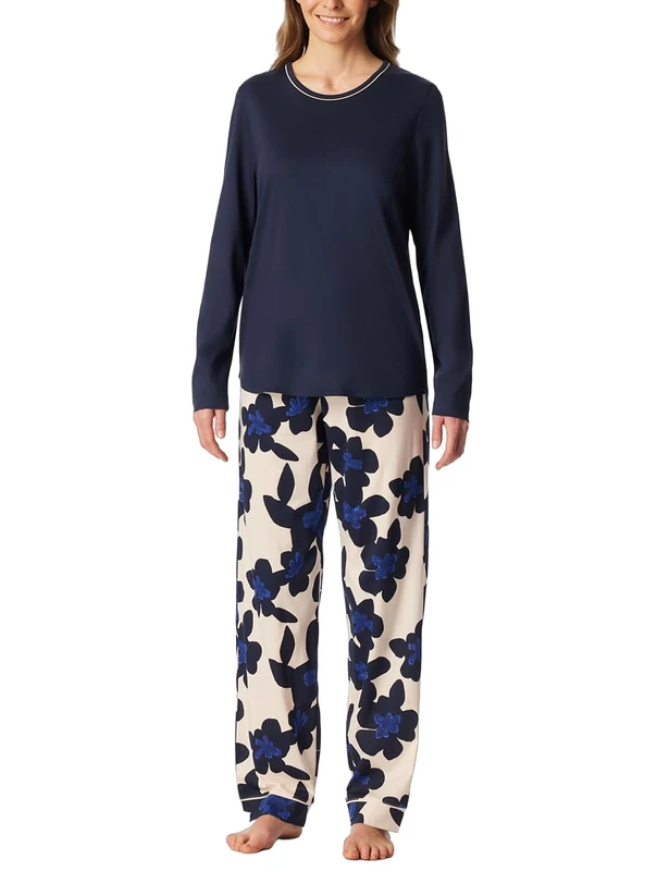 Schiesser Women's Pyjama Set Long Cotton Modal Nightwear, navy, 22