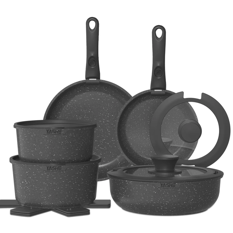 YASHE 15-Piece Non-Stick Pots and Pans Set, Granite Cookware with Removable Handles, Stackable, Easy to Clean, Induction & Gas Hob Compatible