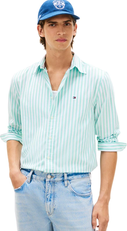 Tommy Hilfiger Men's Flex Poplin Classic STP Rf Shirt MW0MW42440 S/S Shirt, Blue, L