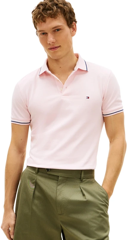 Tommy Hilfiger Men's Tipped Slim Fit Seasonal Polo MW0MW39993 S/S Polo, Pink, XL