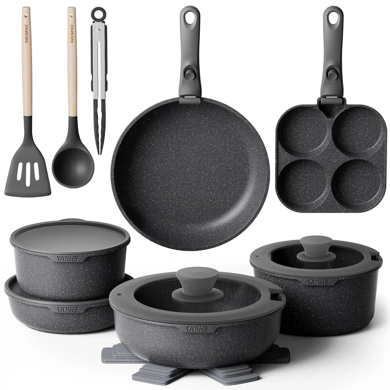 YASHE 20-Piece Pots and Pans Sets with Removable Handles, Non-Stick Cookware Set, Stackable Granite Pots and Pans with Glass Lids, Space-Saving for Campervans