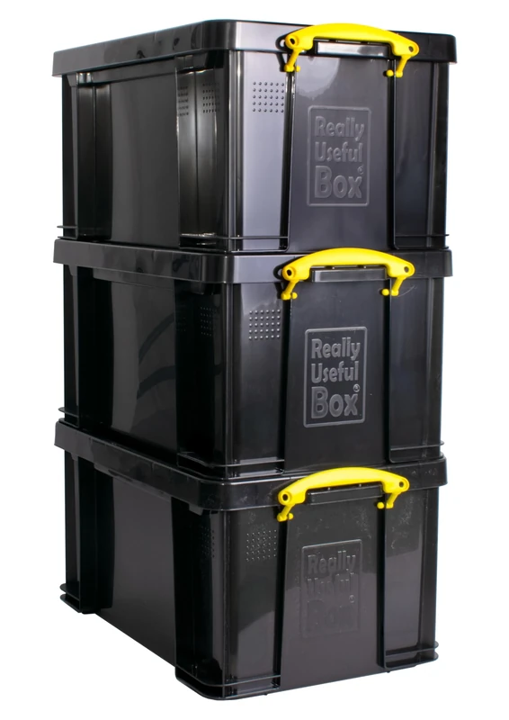 Really Useful Box Plastic Storage 48L Solid Black with Yellow Handles Pack of 3