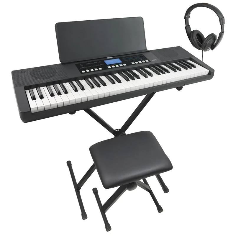 Axus 61 Key Keyboard Piano Bundle - Portable Touch Sensitive Slimline MIDI Keyboard with Adjustable Stand, Stool, Headphones, Power Supply and Music Rest