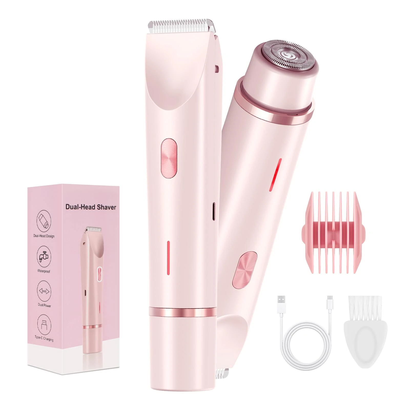 Lady Shaver for Women - Electric Bikini Trimmer for Women, 2-in-1 Women's Body Trimmer，Painless Hair Removal for Face, Body & Intimate Areas （Pink）