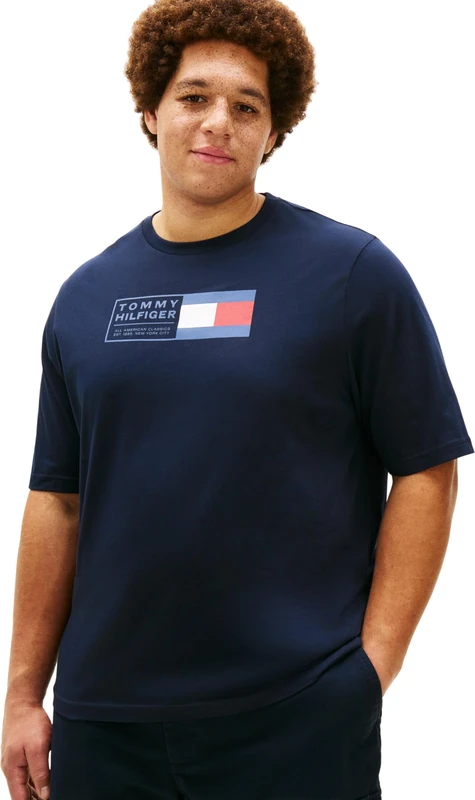 Tommy Hilfiger Men’s T-Shirt Short Sleeve Brand Love Text Box in Cotton, Blue (Desert Sky), 2XL