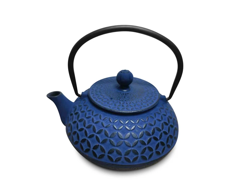 H&H Enamel Cast Iron Teapot 0.80 L with Stainless Steel Filter, Blue, Suitable for All Hobs, Including Induction