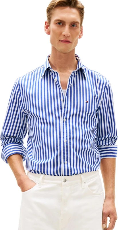 Tommy Hilfiger Men's Flex Poplin Classic STP Rf Shirt MW0MW42440 S/S Shirt, Blue, XS