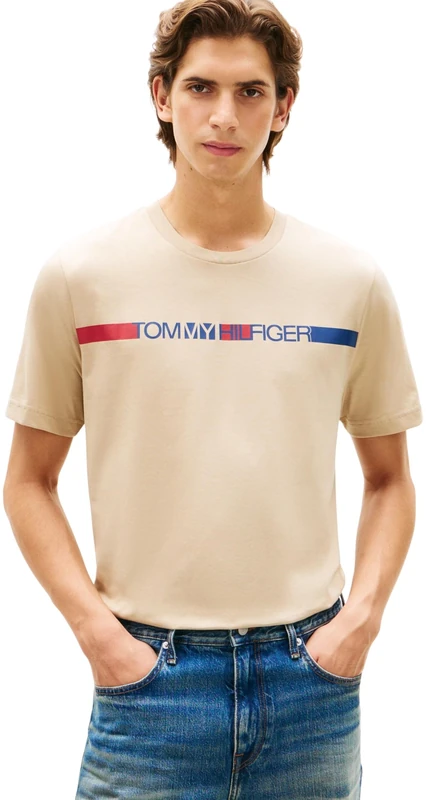 Tommy Hilfiger Men’s T-Shirt Short Sleeve Brand Love Stripe in Cotton, Beige (Sandalwood), S