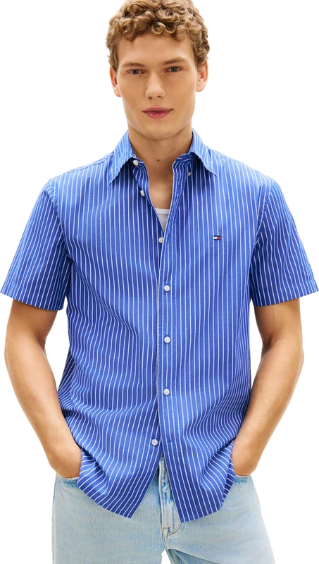 Tommy Hilfiger Men's Flex Poplin STP Ss Shirt MW0MW42860 S/S Shirt, Blue, L