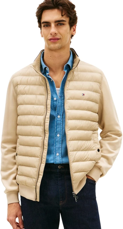 Tommy Hilfiger Men’s Sweatshirt with Zip Mix Media Stand Collar Quilted Jacket, Beige (Sandalwood), XXL
