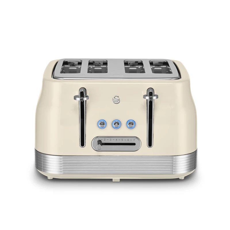 Swan Retro 4 Slice Toaster with 7 Browning Levels for Toast, Breakfast Muffins & Bagels, Removable Crumb Trays, Defrost/Reheat/Cancel, Cord Storage, 1860W, Cream & Stainless Steel, ST19029C