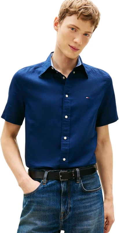 Tommy Hilfiger Men’s Shirt Linen Blend Solid Short Sleeve, Blue (Carbon Navy), XS