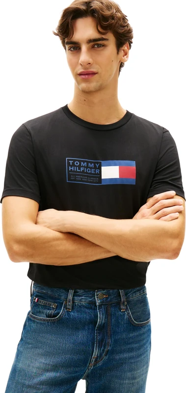 Tommy Hilfiger Men’s T-Shirt Short Sleeve Brand Love Text Box in Cotton, Black (Black), XL