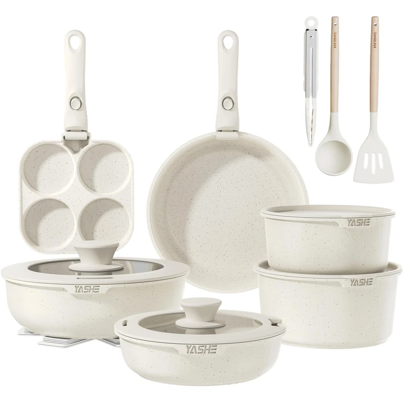 YASHE 20-Piece Pots and Pans Sets with Removable Handles, Non-Stick Cookware Set, Stackable Granite Pots and Pans with Glass Lids, Space-Saving for Campervans