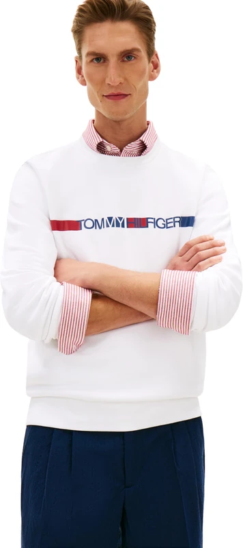 Tommy Hilfiger Men's Brand Love Tr Stripe Sweatshirt MW0MW42465 Pullover Sweatshirt, WHITE, XS